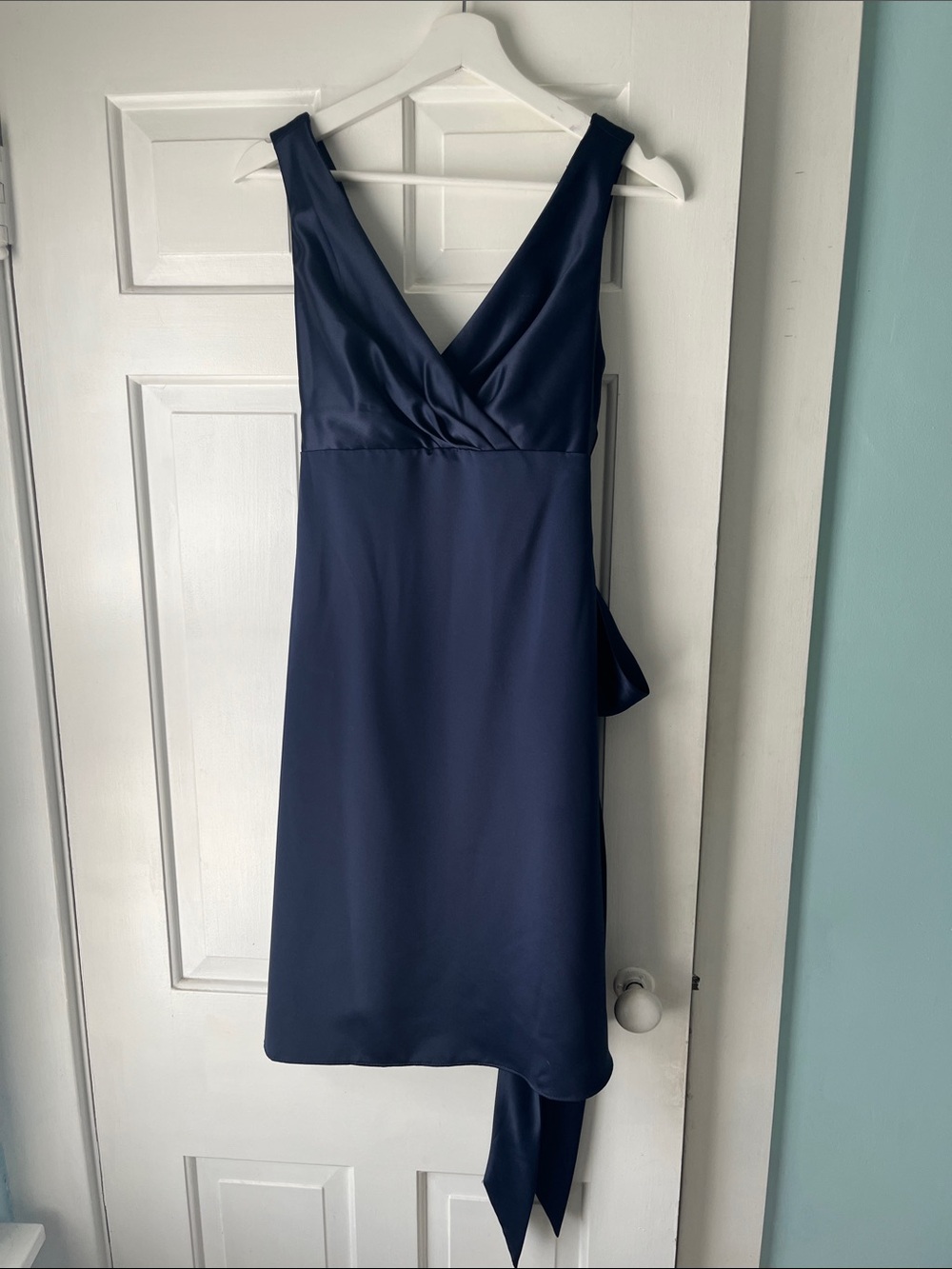 After Six Sleeveless Navy V-Neck Satin Bridesmaid Party Mini Dress *Read Below*